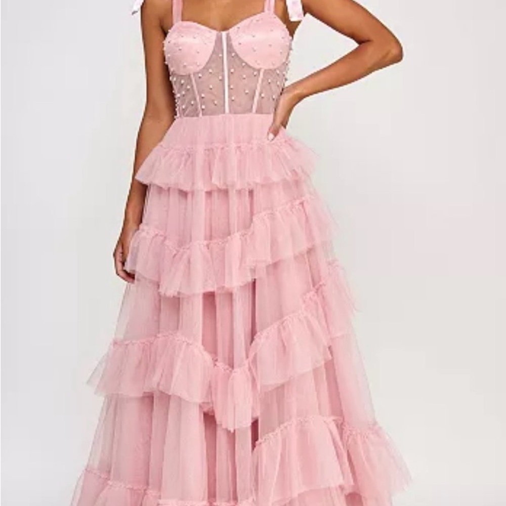 Pink Pearl-Embellished Tulle Ruffle Maxi Dress